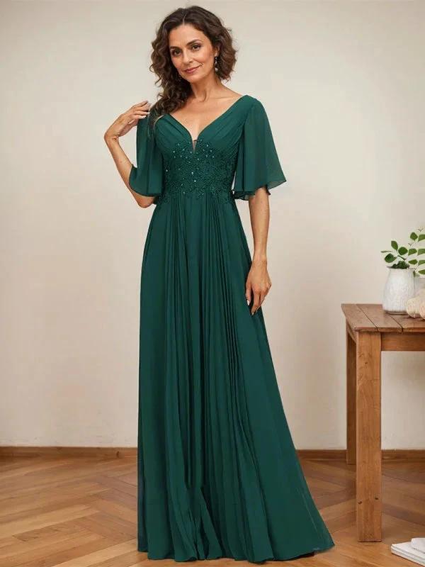 A-line V-Neck Floor-Length Chiffon Mother of the Bride Dress With Sequins Appliques Lace Pleated by Dreamylily
