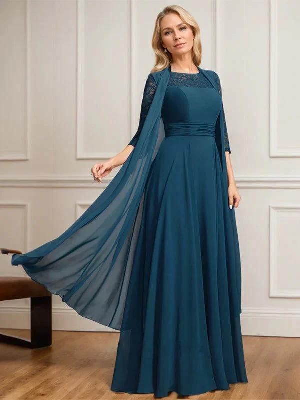 A-line Scoop Illusion Floor-Length Lace Chiffon Mother of the Bride Dress With Pleated by Dreamylily