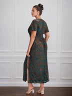 Vintage Plain V-Neck Short Sleeves Velvet Tea-Length Mother of the Bride Dress With Slit by Dreamylily