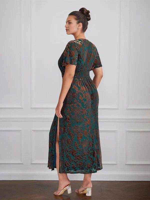 Vintage Plain V-Neck Short Sleeves Velvet Tea-Length Mother of the Bride Dress With Slit by Dreamylily