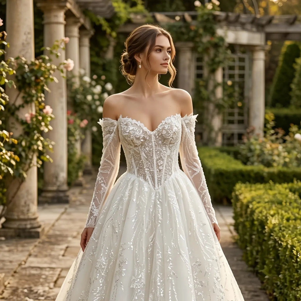 Luxury White Off-the-Shoulder Long Sleeve Lace Tulle Ball Gown Wedding Dress SW702