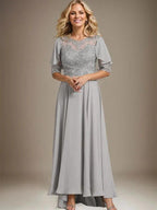 A-line Scoop Illusion Asymmetrical Chiffon Lace Mother of the Bride Dress With Beading by Dreamylily