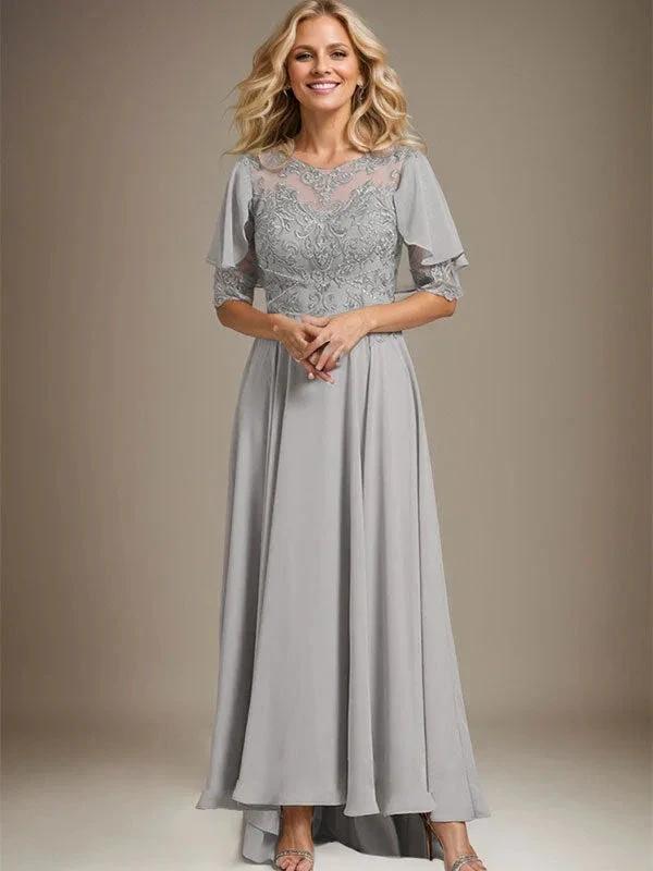 A-line Scoop Illusion Asymmetrical Chiffon Lace Mother of the Bride Dress With Beading by Dreamylily