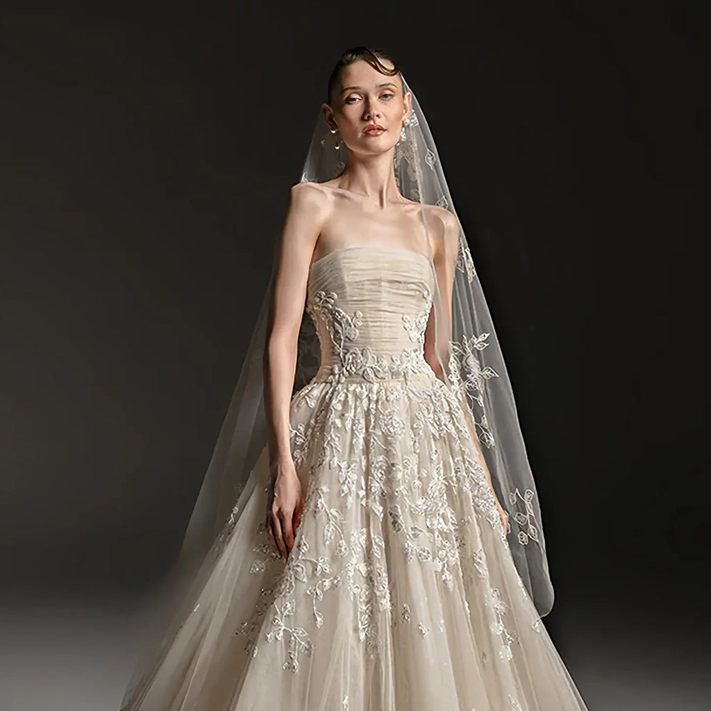 Romantic Champagne Strapless Floral Lace Tulle A-Line Wedding Dress with Veil SW664
