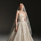Romantic Champagne Strapless Floral Lace Tulle A-Line Wedding Dress with Veil SW664