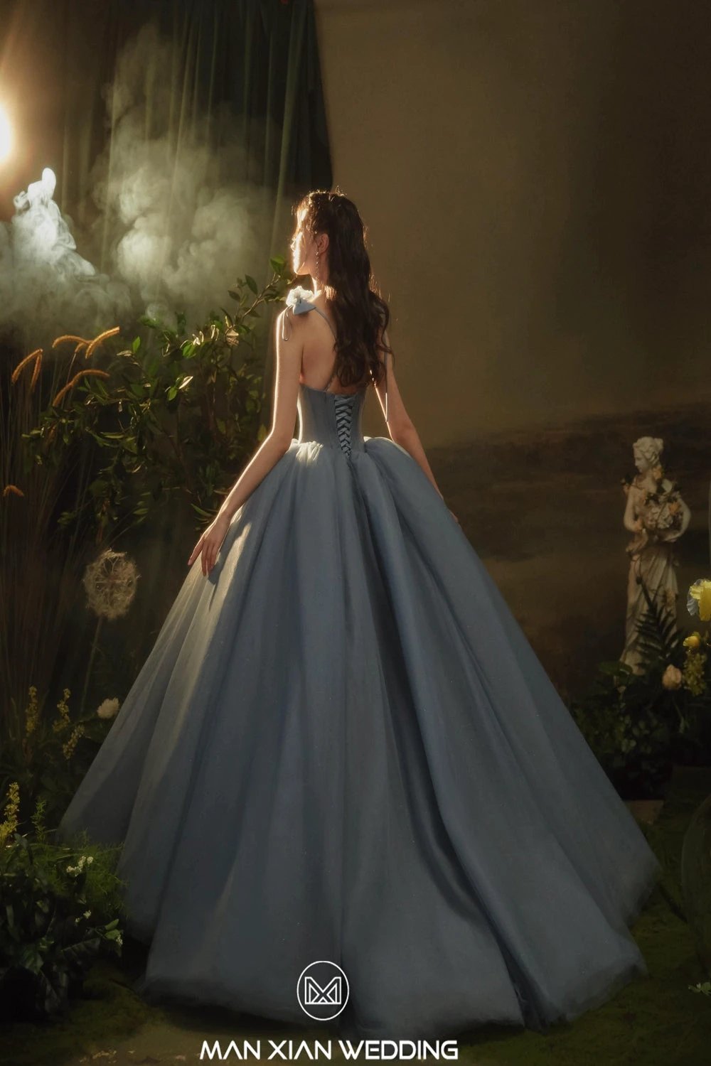 Ethereal Dusty Blue Sweetheart Tulle Ball Gown with Beaded Bodice & Bow Accents by ZAPDRESS