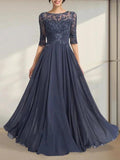 A-line Scoop Illusion Floor-Length Chiffon Lace Mother of the Bride Dress With Pleated Sequins by Dreamylily