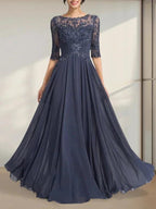 A-line Scoop Illusion Floor-Length Chiffon Lace Mother of the Bride Dress With Pleated Sequins by Dreamylily