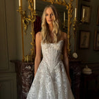 Vintage White Strapless Lace A-Line Wedding Dress with Scalloped Train SW220