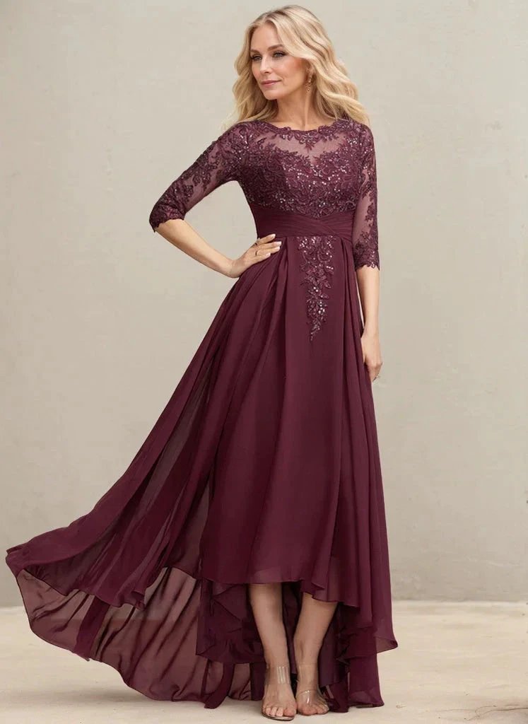 A-line Scoop Illusion Asymmetrical Lace Chiffon Mother of the Bride Dress With Pleated Sequins by Dreamylily