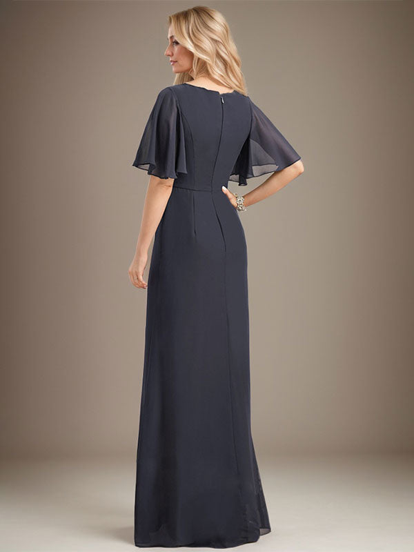 A-line Scoop Floor-Length Chiffon Mother of the Bride Dress With Cascading Ruffles Beading Sequins Main Image