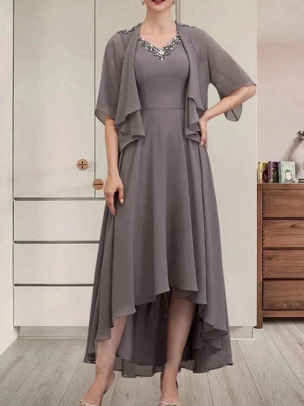A-line V-Neck Asymmetrical Chiffon Mother of the Bride Dress With Beading Sequins by Dreamylily