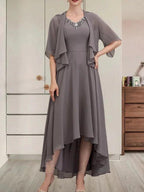 A-line V-Neck Asymmetrical Chiffon Mother of the Bride Dress With Beading Sequins by Dreamylily