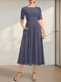 A-line Scoop Tea-Length Chiffon Mother of the Bride Dress With Appliques Lace Sequins by Dreamylily