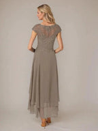 A-line Boat Neck Illusion Asymmetrical Chiffon Lace Mother of the Bride Dress With Applique Pleats by Dreamylily