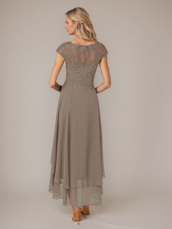 A-line Boat Neck Illusion Asymmetrical Chiffon Lace Mother of the Bride Dress With Applique Pleats Main Image