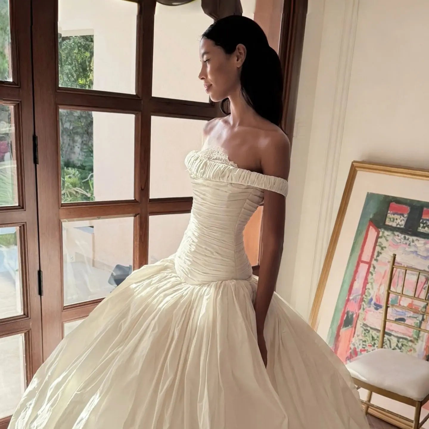 Elegant Ivory Strapless Ruched Satin Ball Gown Wedding Dress SW234