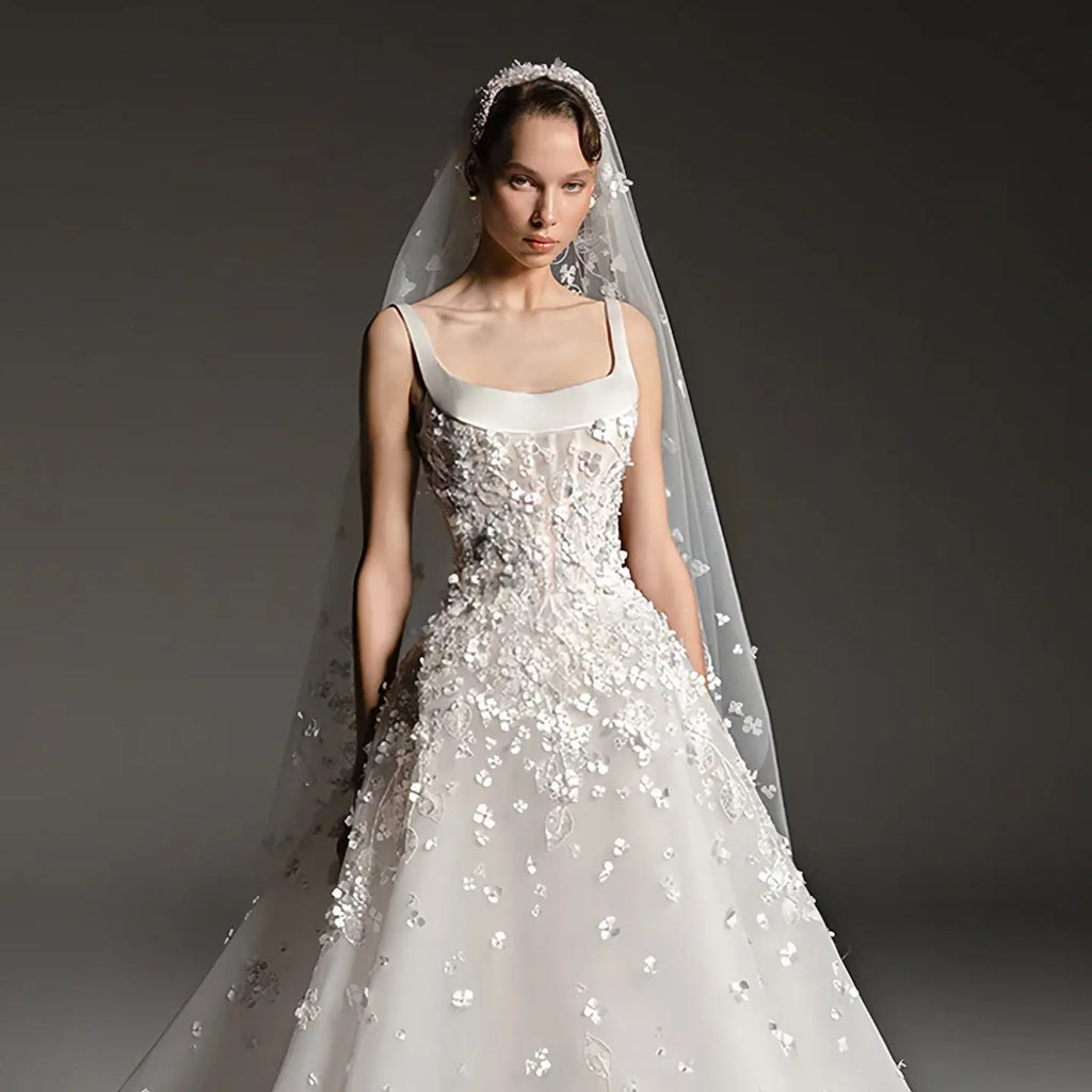 Luxury White Square Neck Beaded Floral Lace Ball Gown Wedding Dress with Veil SW666