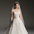 Luxury White Square Neck Beaded Floral Lace Ball Gown Wedding Dress with Veil SW666