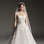 Luxury White Square Neck Beaded Floral Lace Ball Gown Wedding Dress with Veil SW666