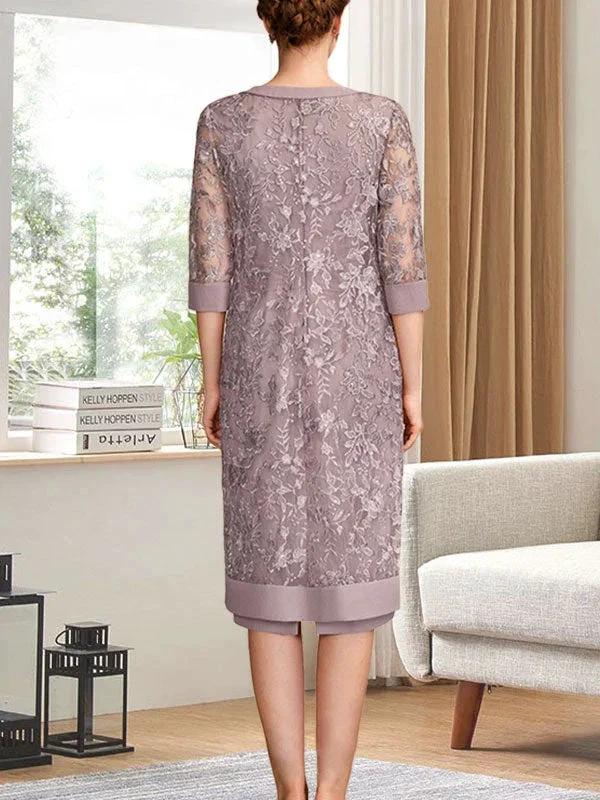 Sheath/Column Scoop Knee-Length Chiffon Mother of the Bride Dress With Pleated Sequins by Dreamylily