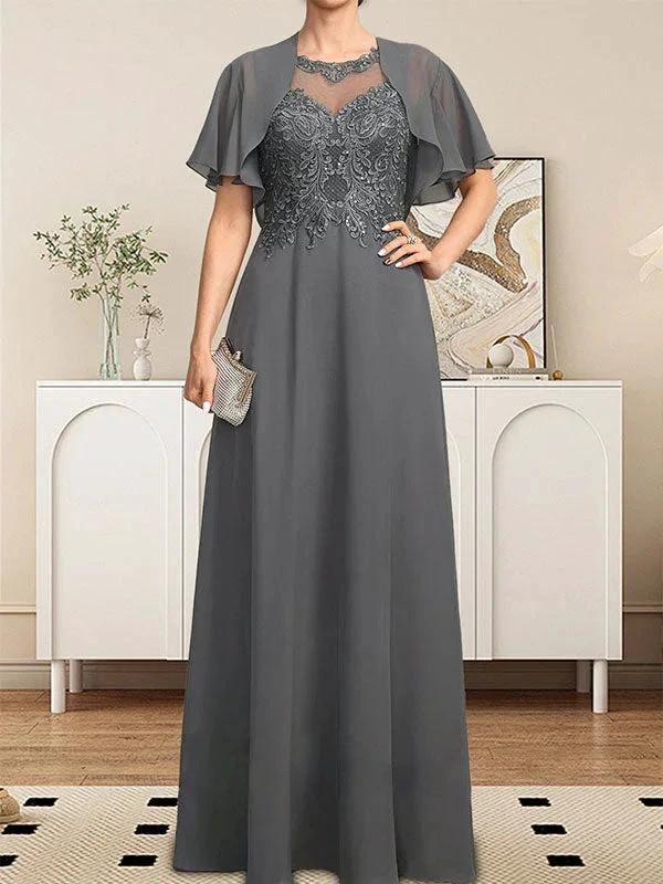 A-line Scoop Illusion Floor-Length Lace Chiffon Mother of the Bride Dress With Sequins by Dreamylily