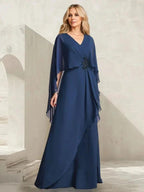 A-line V-Neck Floor-Length Chiffon Mother of the Bride Dress With Cascading Ruffles Beading by Dreamylily