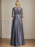 A-line Scoop Illusion Floor-Length Satin Lace Mother of the Bride Dress With Sequins Bow by Dreamylily