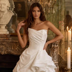 White Ruched Bodice Tiered Voluminous Satin Bridal Gown SW628