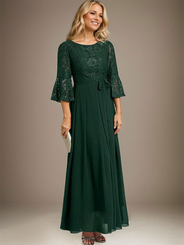 A-line Scoop Ankle-Length Lace Chiffon Mother of the Bride Dress With Bow Main Image