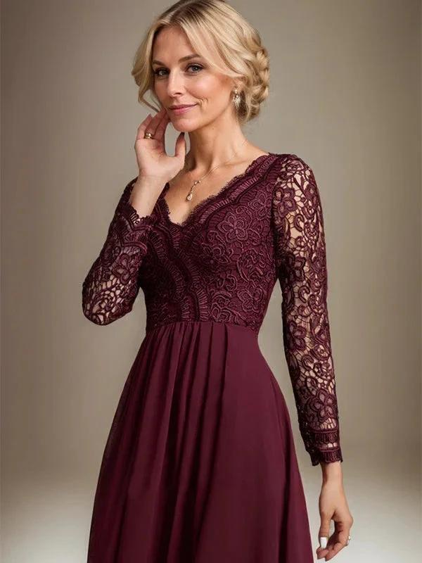 A-line V-Neck Asymmetrical Lace Chiffon Mother of the Bride Dress by Dreamylily
