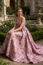 Square Neck Floral Jacquard A-Line Evening Gown with Train by tangjianjun