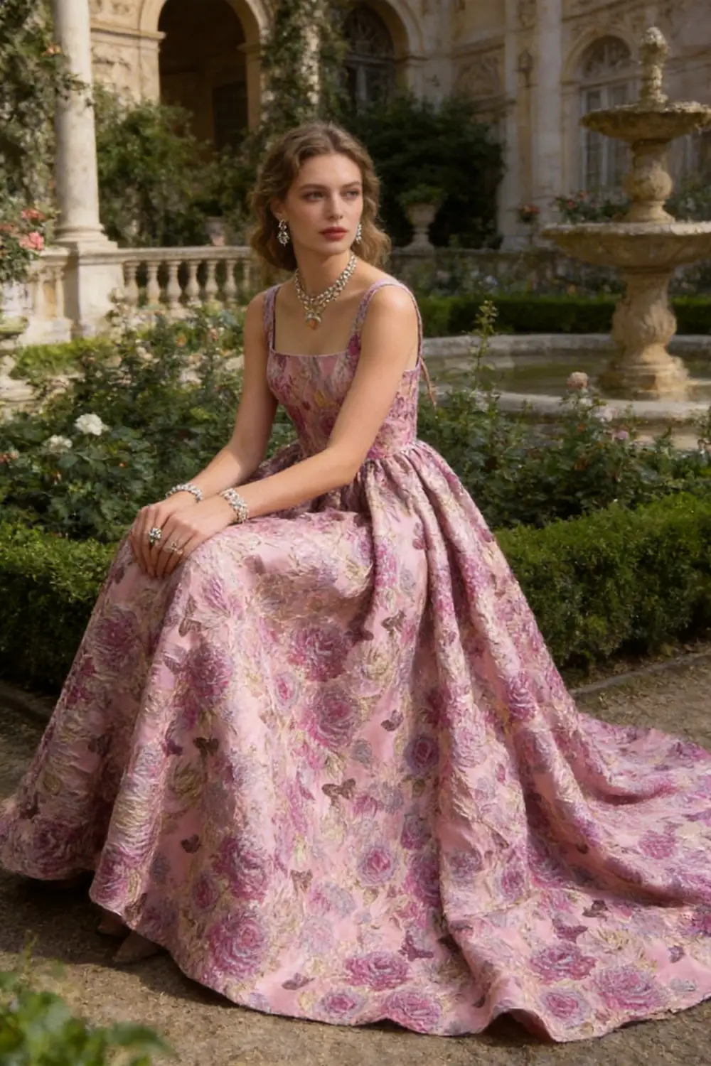 Square Neck Floral Jacquard A-Line Evening Gown with Train by tangjianjun