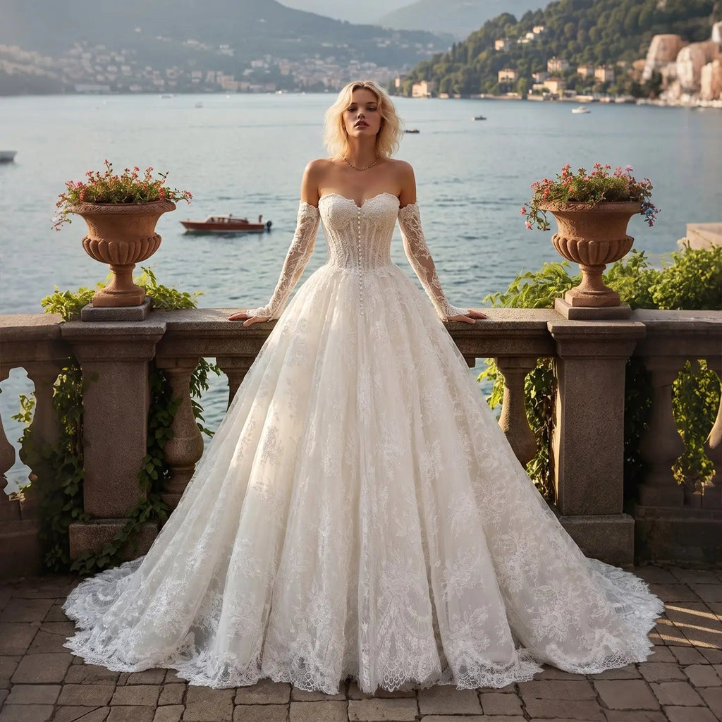 White Floral Lace Ball Gown Wedding Dress with Sweetheart Neckline and Detachable Long Sleeves SW677