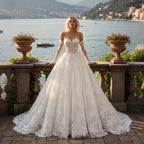 White Floral Lace Ball Gown Wedding Dress with Sweetheart Neckline and Detachable Long Sleeves SW677