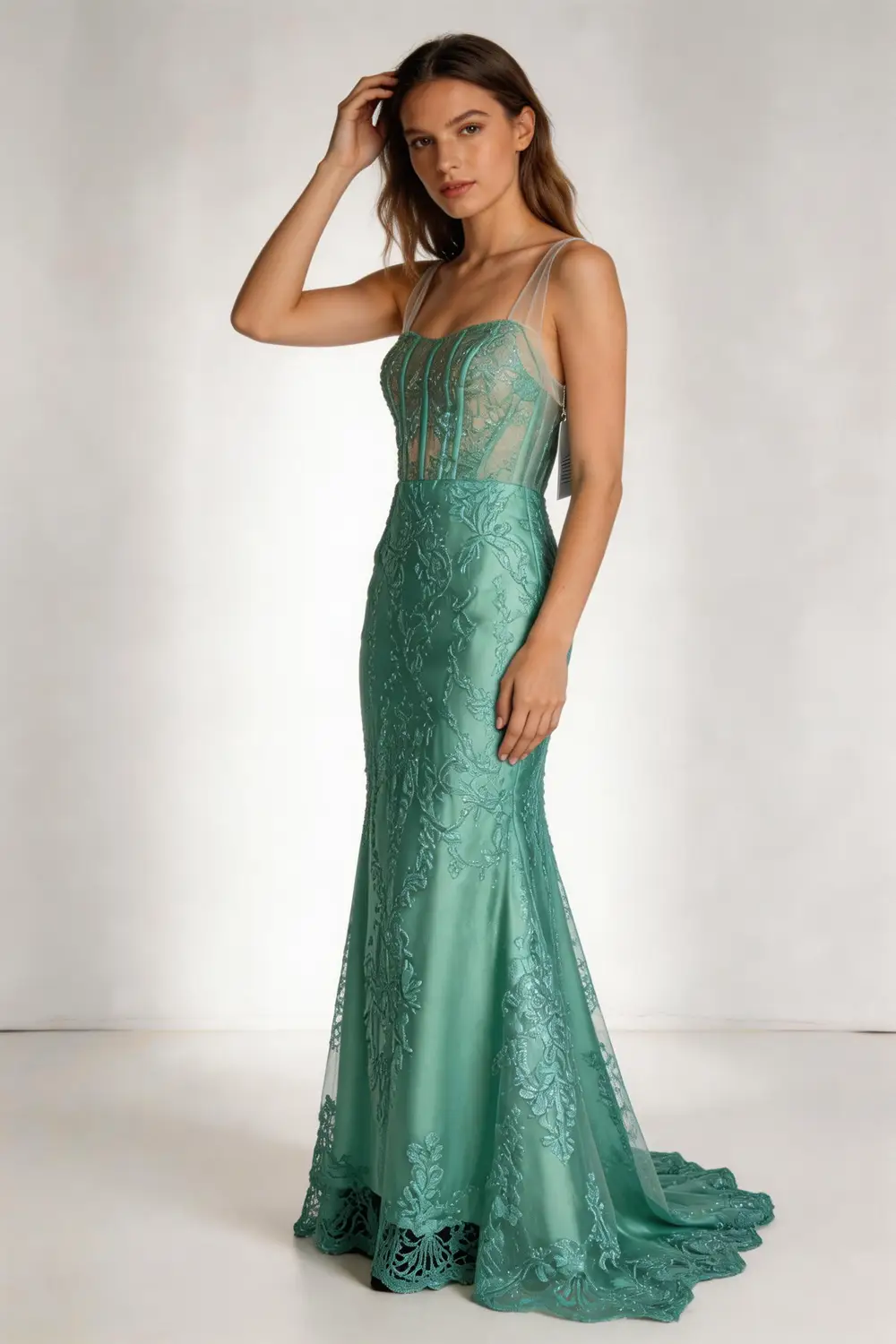 Mint Green Sheer Corset Mermaid Evening Gown, Lace Applique Formal Prom Dress by tangjianjun