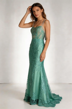 Mint Green Sheer Corset Mermaid Evening Gown, Lace Applique Formal Prom Dress by tangjianjun