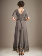A-line V-Neck Asymmetrical Lace Chiffon Mother of the Bride Dress With Pleated by Dreamylily