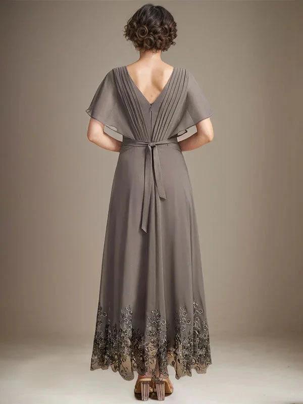 A-line V-Neck Asymmetrical Lace Chiffon Mother of the Bride Dress With Pleated by Dreamylily