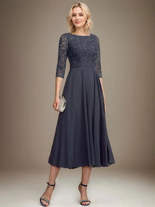 A-line Scoop Tea-Length Lace Chiffon Mother of the Bride Dress With Sequins by Dreamylily