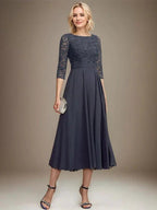 A-line Scoop Tea-Length Lace Chiffon Mother of the Bride Dress With Sequins by Dreamylily