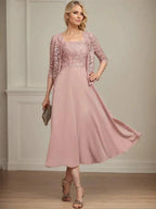 A-line Square Tea-Length Chiffon Lace Mother of the Bride Dress With Sequins Beading by Dreamylily