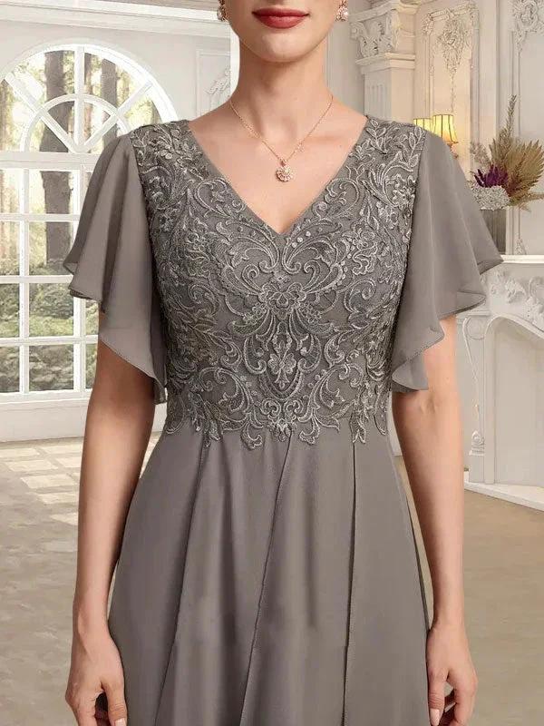 A-line V-Neck Ankle-Length Lace Chiffon Mother of the Bride Dress With Cascading Ruffles by Dreamylily