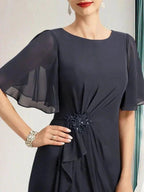 A-line Scoop Floor-Length Chiffon Mother of the Bride Dress With Cascading Ruffles Beading Sequins by Dreamylily