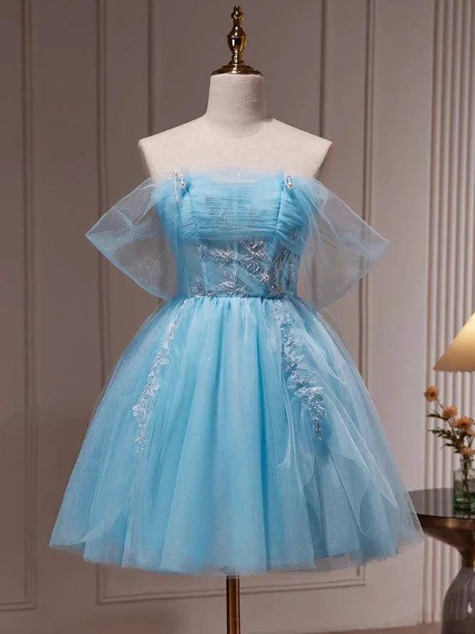 Blue Off The Shoulder Beading Appliques Tulle Short Homecoming Dresses by Cicinia