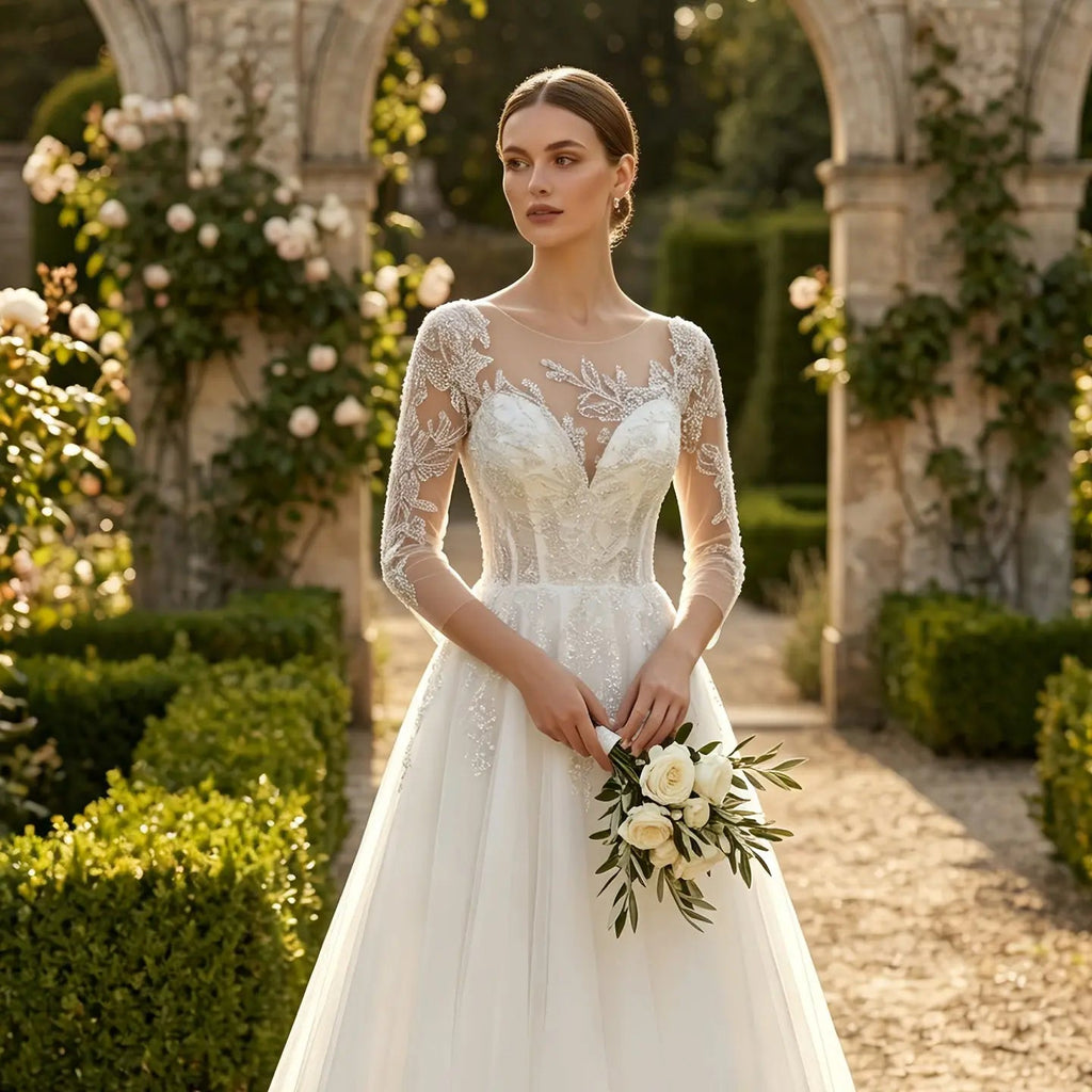 Glamorous White Illusion Neck Lace & Tulle Wedding Dress with Cathedral Train SW709