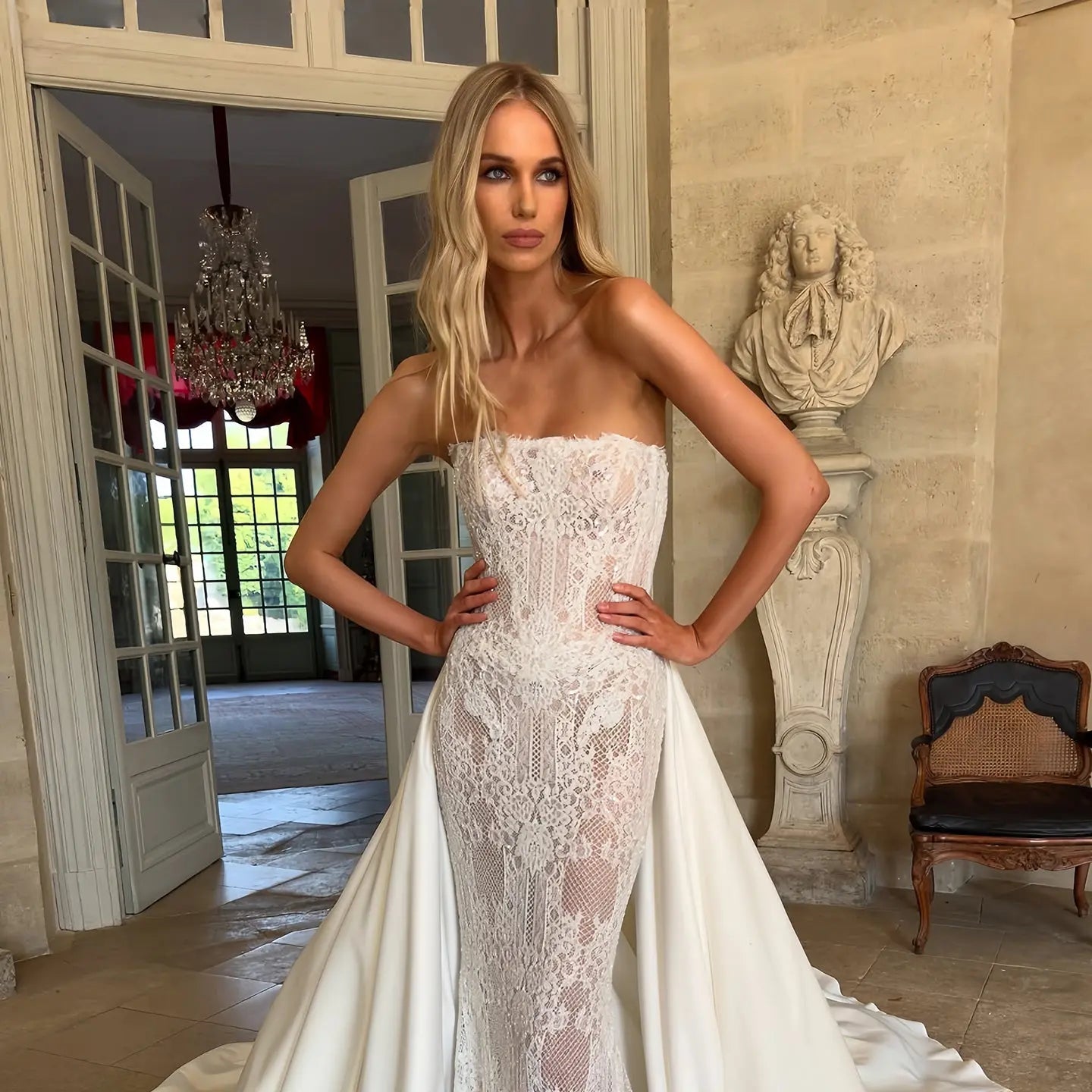 Luxury White Strapless Lace Mermaid Wedding Dress with Overskirt SW226