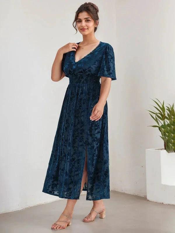 Plus Size A-Line V-Neck Velvet Tea-Length Mother of the Bride Dress by Dreamylily