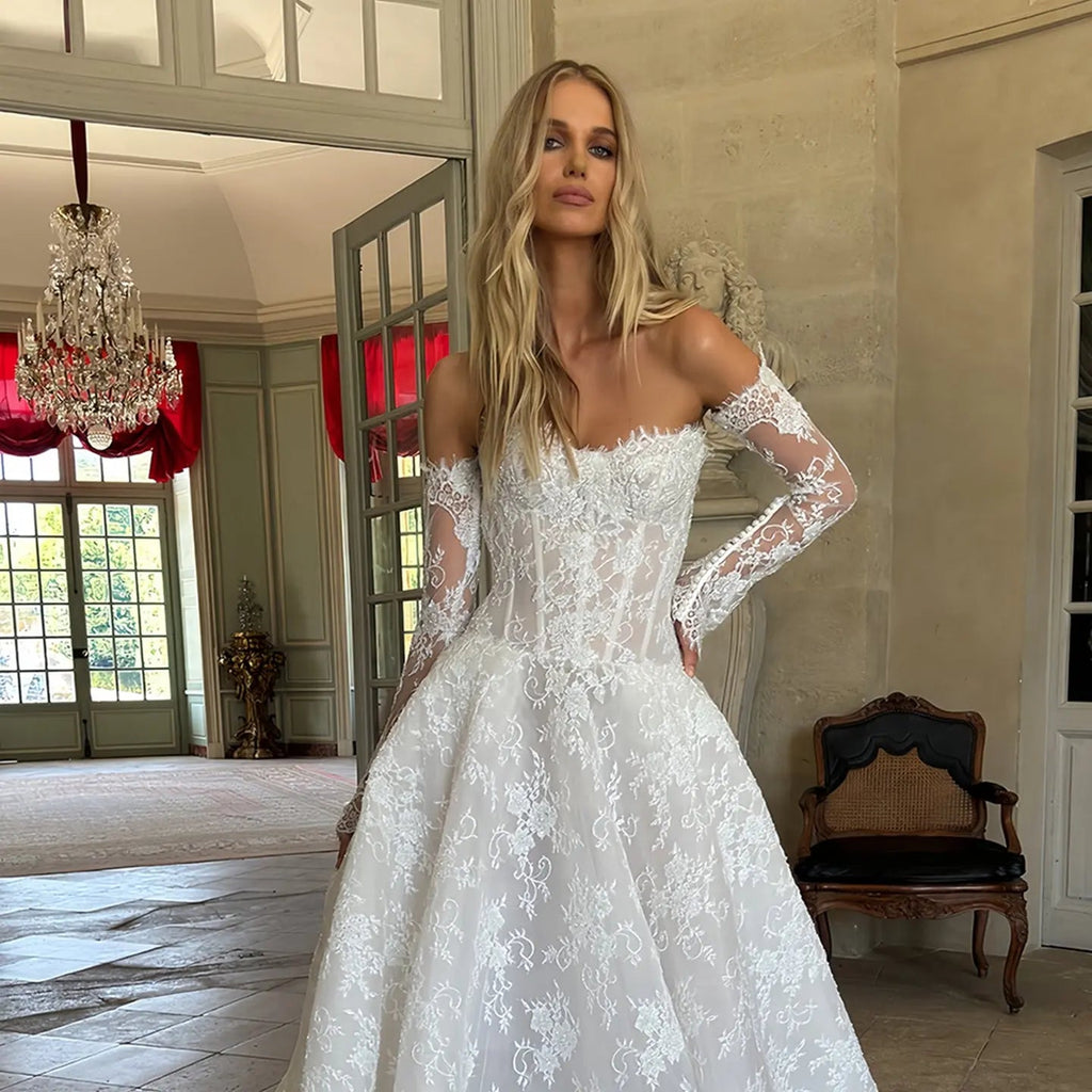 Regal White Off-the-Shoulder Long Sleeve Lace Ball Gown Wedding Dress SW225