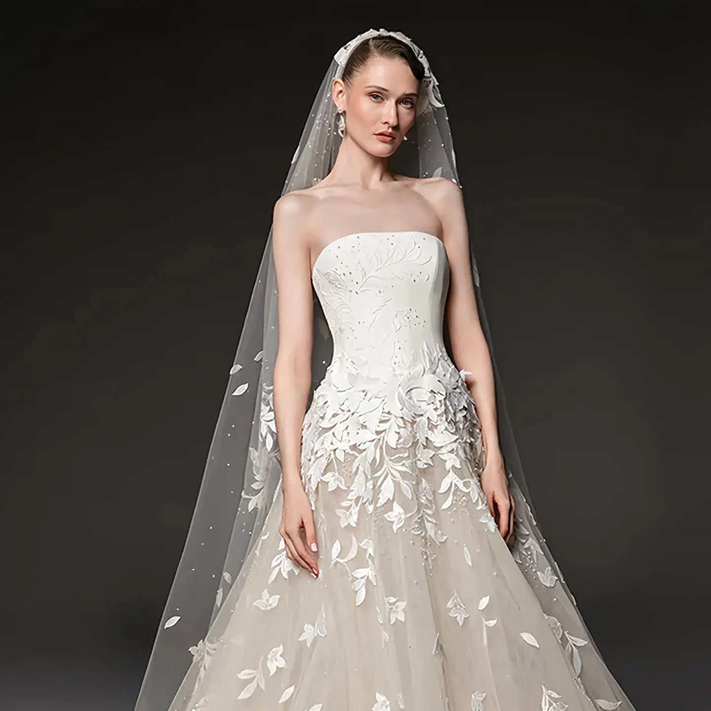 Dreamy Ivory Strapless Floral Lace Mermaid Train Wedding Dress with Veil SW665